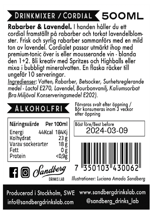Rabarber & Lavendel Cordial 500ml Sandberg Drinks Lab